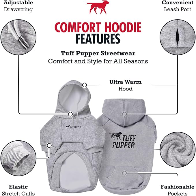 Tuff Pupper Dog Hoodie | Premium Quality 100% Organic Cotton | Ultra Soft Interior for Superior Comfort | Elastic Cuffs & Drawstring for Warmth | Stretch Fit Suitable for All Breeds (Gray, XL)