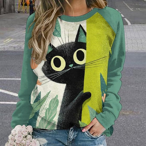 Abstract Cute Cat Shirts for Women Long Sleeve Lady Crewneck Pullover Sweatshirt Fall Winter Oversized Tops