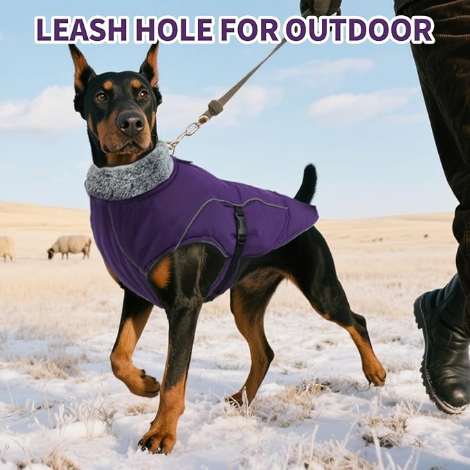 DENTRUN Extra Large Warm Dog Jacket - Windproof Water Repellent Reflective Coat, Adjustable Plush Turtleneck, Easy Wear Fleece Lined Cold Weather Vest for Great Dane, Purple, XXXL
