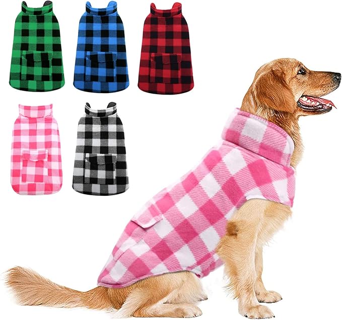 ASENKU Dog Winter Coat, Fleece Doggie Jacket Plaid Reversible Vest Waterproof Windproof Cold Weather Clothes for Small Medium Large Dogs (XXL, Pink)