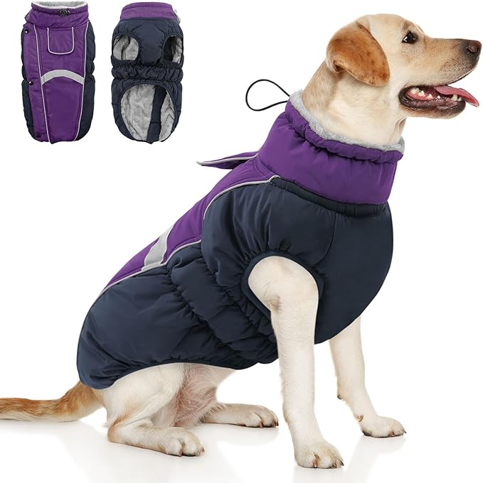 Queenmore Warm Fleece Dog Jacket, Cold Weather Waterproof Snowsuit, Reflective Turtleneck with Leash Hole, Small to Large Dog Coats (Purple, L)