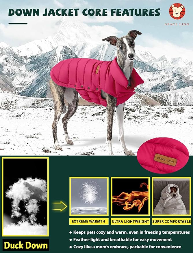 SPACE LION Dog Puffer Jacket, Down Winter Coat, Durable Outdoor Coat for Cold and Windy Conditions, Waterproof, Lightweight Jacket, Adjustable Fit for Small, Medium, Large Dogs(Red,10/S)