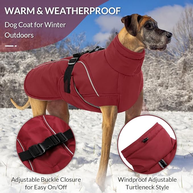 Queenmore Large Coat, Winter Jacket, Waterproof Puffy Snowsuit for Dogs - Adjustable Reflective Fleece Lining Warm Padding Parka for Cold Weather, Red L