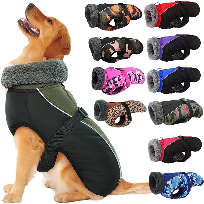 IECOii Dog Winter Coat Reflective Adjustable Dog Jacket Dog Coat with Buckle Fleece Turtleneck for Cold Weather Soft Winter Coat for Small Medium Extra Large Dogs, Army Green