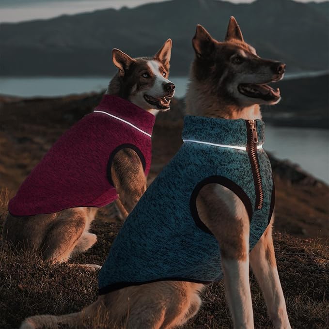 ROZKITCH Dog Sweater for Small, Knit Pet Jacket with Fleece Lining, Warm Winter Coats for Small Dogs with Zipper Opening for Harness, Adjustable Neck Reflective Pet Jacket Blue M