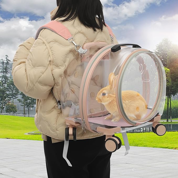 Cat Backpack Carrier, Transparent & Fully Breathable Hard cat Carrier with Rolling Wheels for Kitty Small Dog up to 19lbs, Multiple Carrying Options, Perfect for Travel Hiking, Pink, Clear