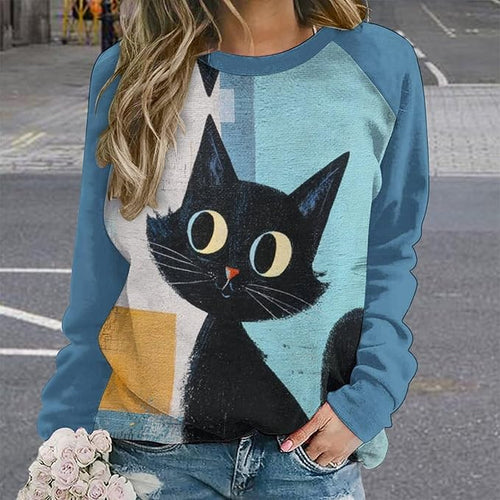 Abstract Cute Cat Shirts for Women Long Sleeve Lady Crewneck Pullover Sweatshirt Fall Winter Oversized Tops