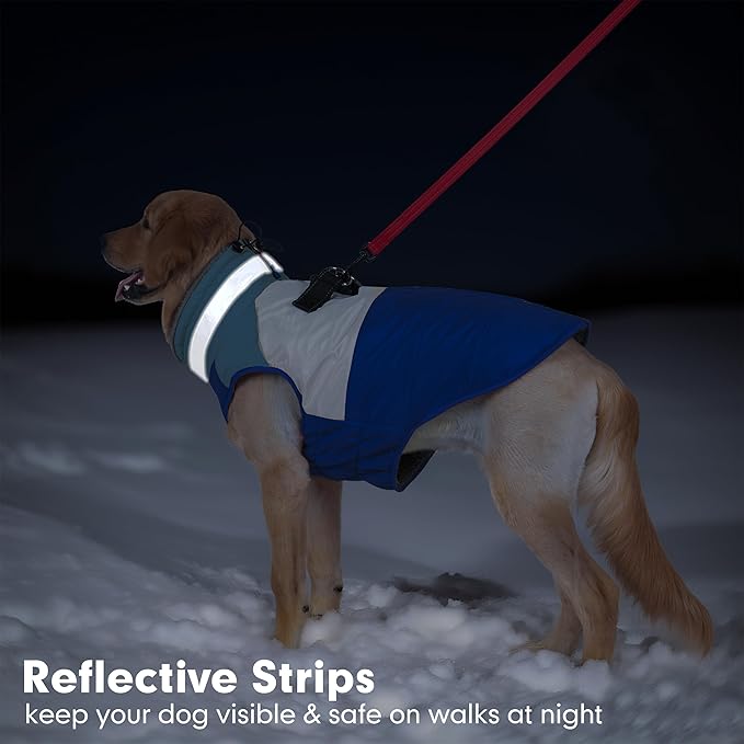 azuza Dog Coats for Large Dogs Waterproof Dog Coat with Reflective Strips and Harness Built in Warm Fleece Dogs Winter Coat Windproof with Back Zipper, Blue 3XL