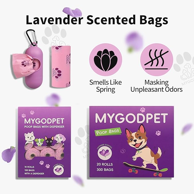 Dog Poop Bags Rolls 300 Count Biodegradable Poop Bags Refills for Dog and Cat Lavender Scented Waste Bag Leak Proof Doggie Poop Bag Doggy Trash Bag Purple