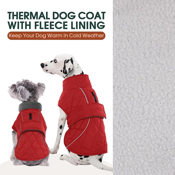 Kuoser Super-Warm Dog Coat Windproof Cold Weather Coats for Extra Large Dogs, Fleece Lining Turtleneck Dog Jacket Reflective Adjustable Pet Winter Snowsuit, Red 3XL