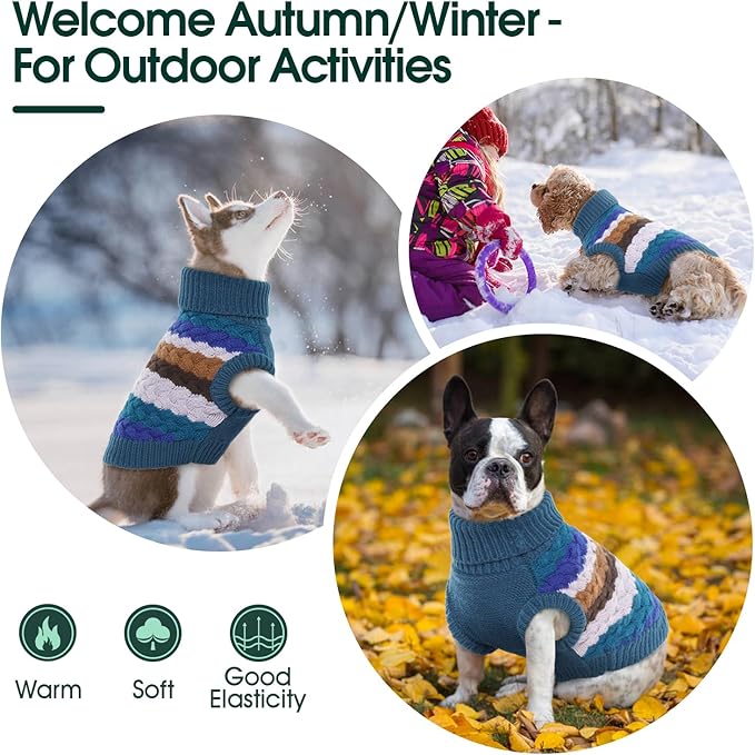 Kuoser Dog Sweater, Large Sweaters for Dog Girls Boys Christmas Thanksgiving Outfit, Thick Fall Winter Cable Knitwear, Pet Sweatshirt Warm Clothes Turtleneck Pullover, Blue L
