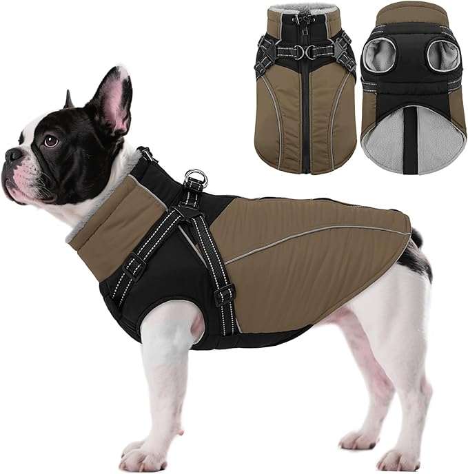 ASENKU Reflective Dog Coat with Built-in Harness, Windproof Fleece-Lined Dog Jacket for Small, Medium, Large Dogs, Warm Winter Vest with Turtleneck & Zipper (Khaki M)