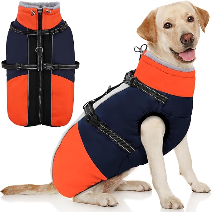 AOFITEE Dog Coat, Windproof Turtleneck Dog Jacket with Built in Harness, Reflective Dogs Jackets with Fleece Lining, Waterproof Pet Winter Coat for Cold Weather for Border Collie, Beagle, Blue XL