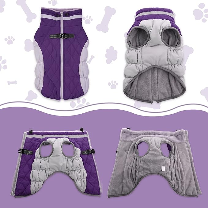 LeLePet Warm Dog Winter Coat, Waterproof Fleece, Windproof, Reflective, Turtleneck, Harness, Purple, XXX-Large