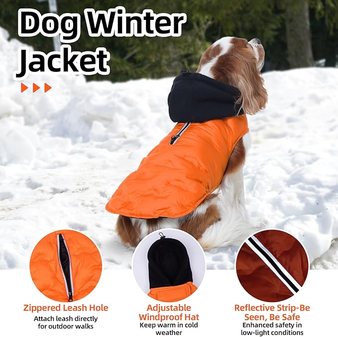Nanaki Warm Dog Puffer Coat for Large Dogs-Lightweight Windproof Dog Coat with Hood, Water Resistant Pet Snowsuit for Cold Weather, Reflective Snowsuit, Adjustable Puffer Vest with Leash Hole, Orange