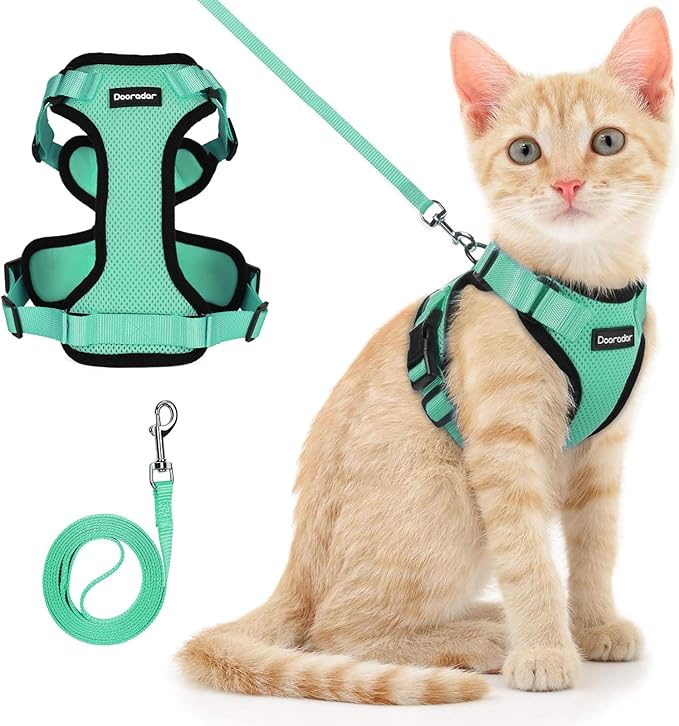 Dooradar Cat Harness and Leash Set, Escape Proof Safe Adjustable Kitten Vest Harnesses for Walking, Easy Control Soft Breathable Mesh Jacket with Reflective Strips for Cats, Green, M