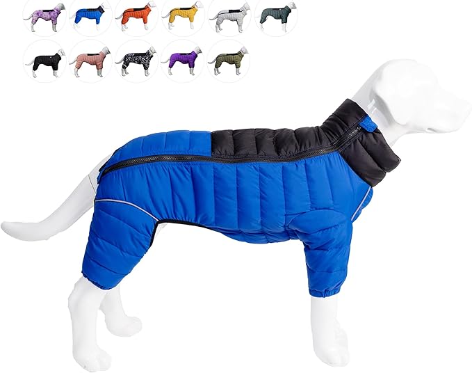 Dog Coat Dog Warm Jacket, 4 Legs Covered Waterproof Windproof Reflective Warm Dog Vest, Zippered Adjustable Outdoor Dog Snow Jacket for Small Medium Large Dogs Blue XXL