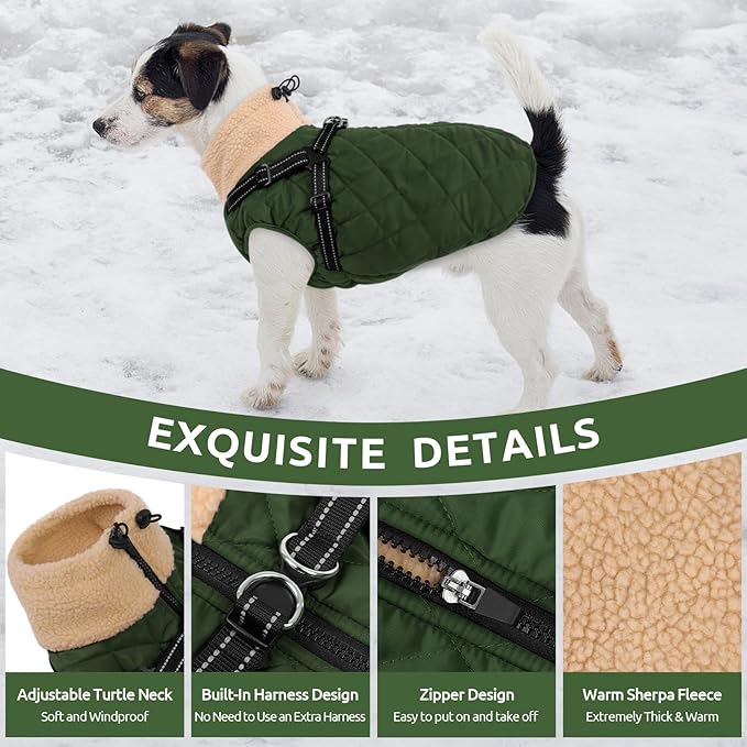 Queenmore Dog Coats for Large Dogs, Dog Jacket, Warm Fleece Winter DogCoat with Harness Built in, Back Zipper Pet Jacket for Large Breeds, Thick Fleece Lining Pet Snowsuit, ArmyGreen 2XL