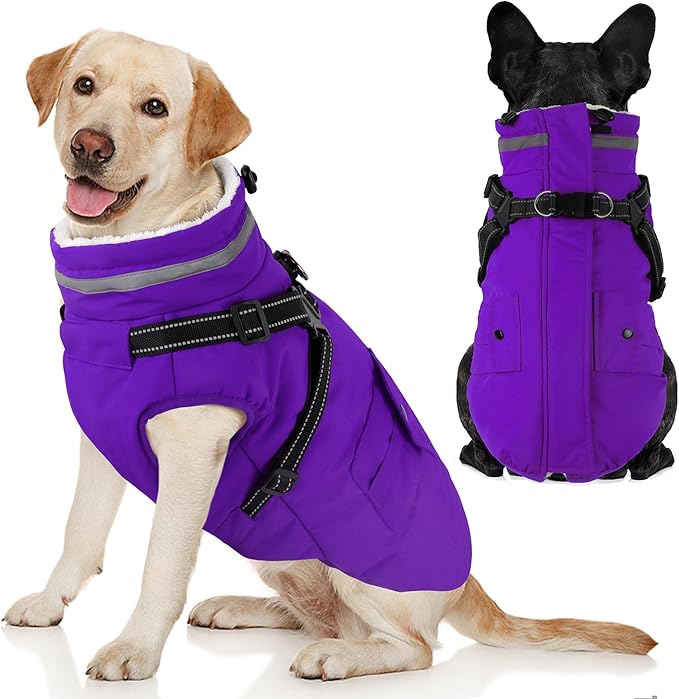 Dogcheer Dog Coat with Harness, Waterproof Warm Dog Winter Jacket with Pockets, Reflective Pet Fleece Jacket Turtleneck Snowsuit for Small Medium Large Dogs - Purple, XS