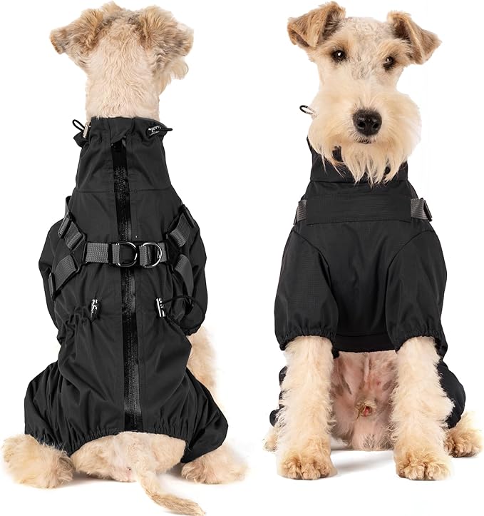 Mile High Life Waterproof Dog Raincoat, Full Coverage Small Dog Rain Coat with Harness, Adjustable 4 Legs Puppy Rain Jacket with Reflective Strip and Elastic Cuffs (Black, M Back Length 14.6")