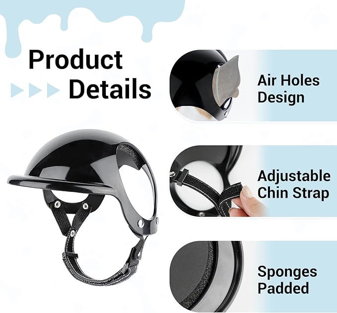 Dog Helmet and Goggles Small Breed, UV Protection Dog Goggles and Motorcycle Helmet with Ear Holes Adjustable Straps for Outdoor Biking, Black