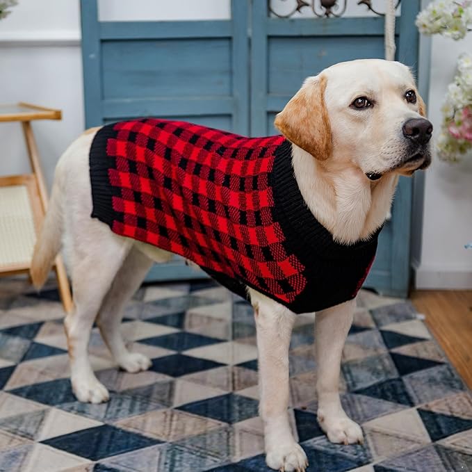 PUPTECK Dog Sweaters for Large Medium Small Dogs - Fall Classic Plaid Style Puppy Holiday Winter Coat Clothes Warm