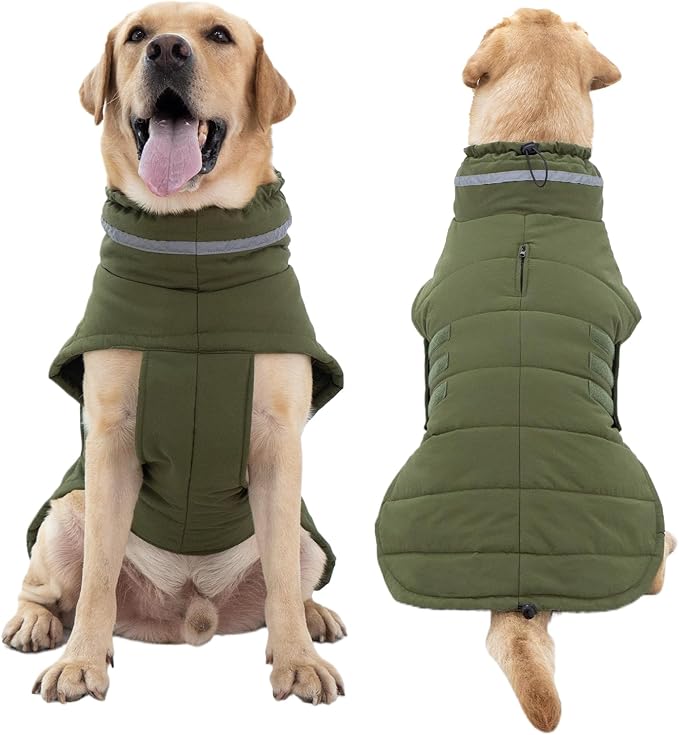 Dog Coat, Waterproof Winter Jacket, Warm Windproof Jacket, Reflective Adjustable Turtleneck Coats for Medium Dogs with Hook & Loop - Green - M