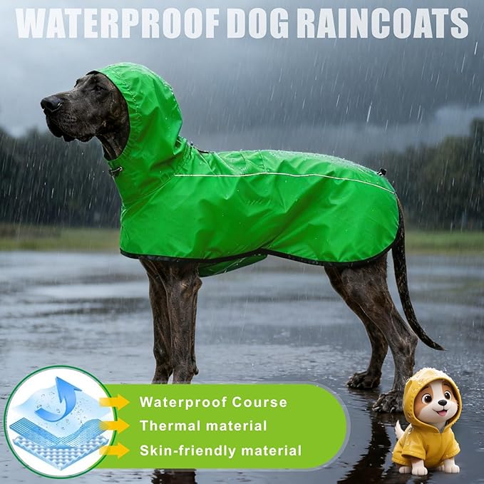 Mosucoirl Dog Raincoat Jacket Reflective Adjustable Hooded Pet Poncho Rain Coats with Leash Hole Waterproof Clothes for Small Medium Large Dogs (Green, XL)