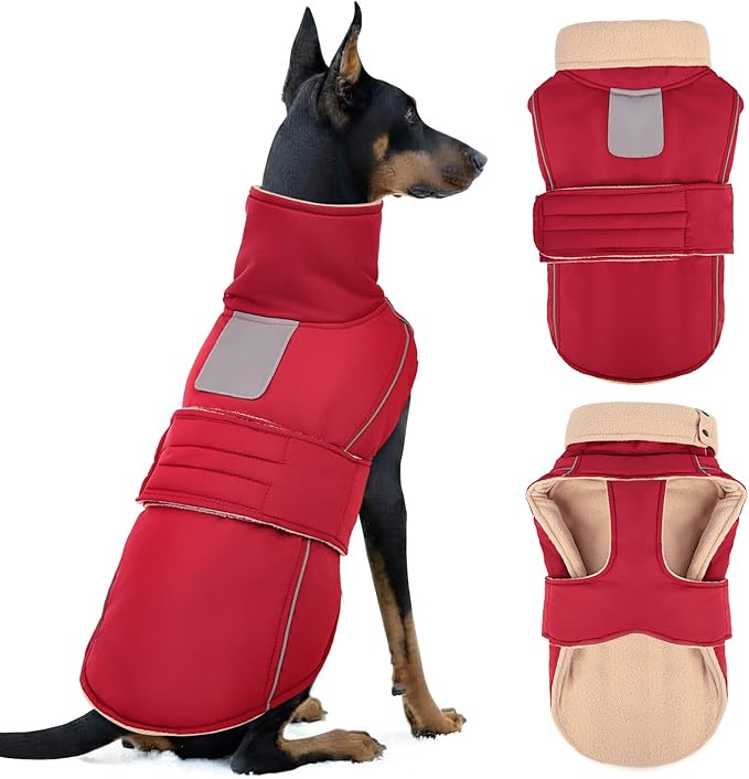 ASENKU Warm Dog Coat, Waterproof Dog Jackets for Large Dogs with Reflective Fleece Vest Turtleneck with Button, Windproof Cold Weather Coats for Small Medium Large Dogs, Dark Red, L