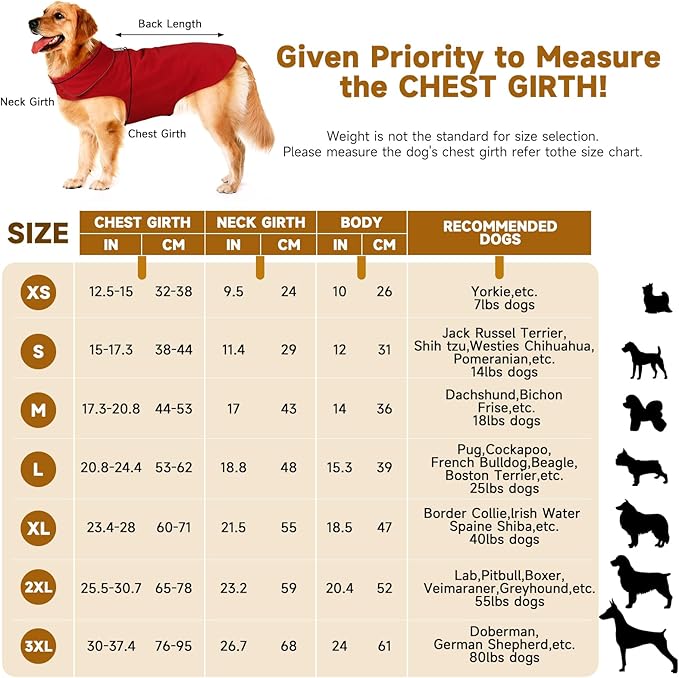 Fleece Dog Coat Pet Jacket Reflective for Cold Weather for Extra Large to Small Pets(Red,XS)