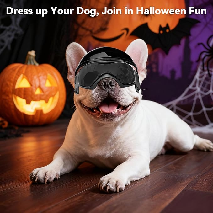 Dog Helmet and Goggles for Small Dogs - Pet Goggles Pet Motorcycle Helmet Hat with Ear Holes Adjustable Straps Safety Helmet for Puppy Riding - Black