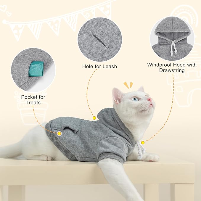 BEAUTYZOO Dog Hoodie & Cat Sweater for Small Dogs Puppy Girls Boys, Fleece Lined Warm Winter Fall Dog Clothes with Leash Hole and Pocket, Ultra-Soft Pet Jacket Coats Kitten Clothing, Grey M