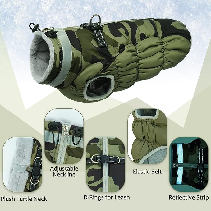 Lelepet Dog Coat Warm Dog Winter Coat Waterproof Dogs Jacket with Harness Built in Reflective Pet Fleece Vest Zip-Up Cold Weather Coats for Large Dogs Turtleneck Windproof Boston Terrier Green Camo L