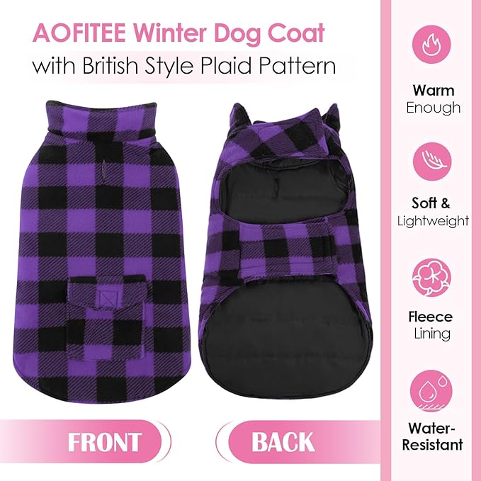 AOFITEE Dog Coat Plaid Dog Winter Coat for Small Dogs, Warm Dogs Jacket Christmas Sweater, Waterproof Pet Puffer Jacket, Reversible Pet Cold Weather Coats for Small Medium Large Pets, Purple S