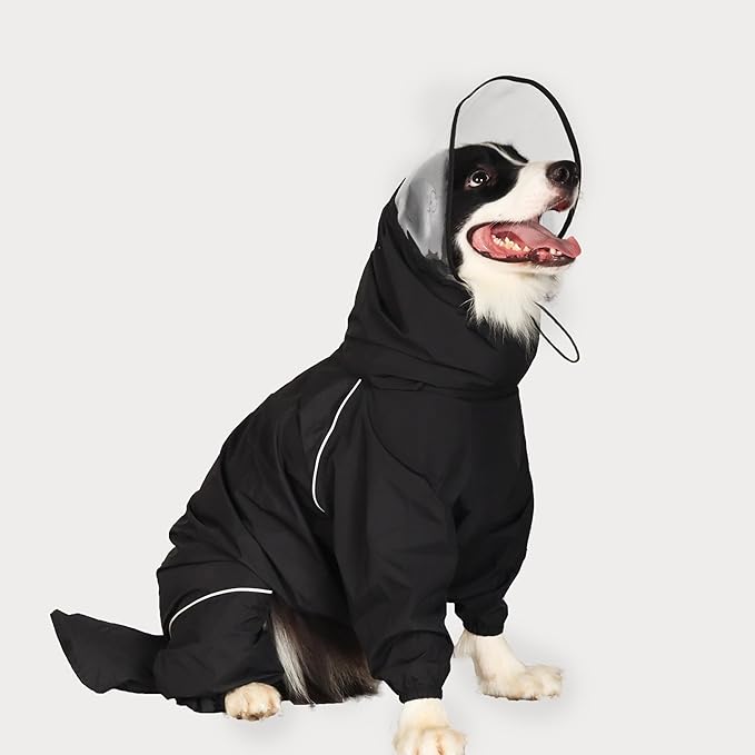 Dog Raincoat for Medium Large Dogs,rain Jacket Coat, Full Leg Coverage Waterproof Rain Suit with Detachable Hood & Tail, Reflective Strips, Snag-Free Top Zipper (Black for Girl, X-Small)