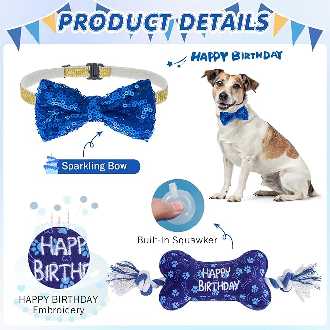 SCENEREAL Dog Birthday Party Supplies, Dog Birthday Bandana Hat Toy Bow Tie Collar Set with Birthday Numbers, Pet Birthday Scarf Accessories Outfit Decorations for Boy Girl Large XL Dogs