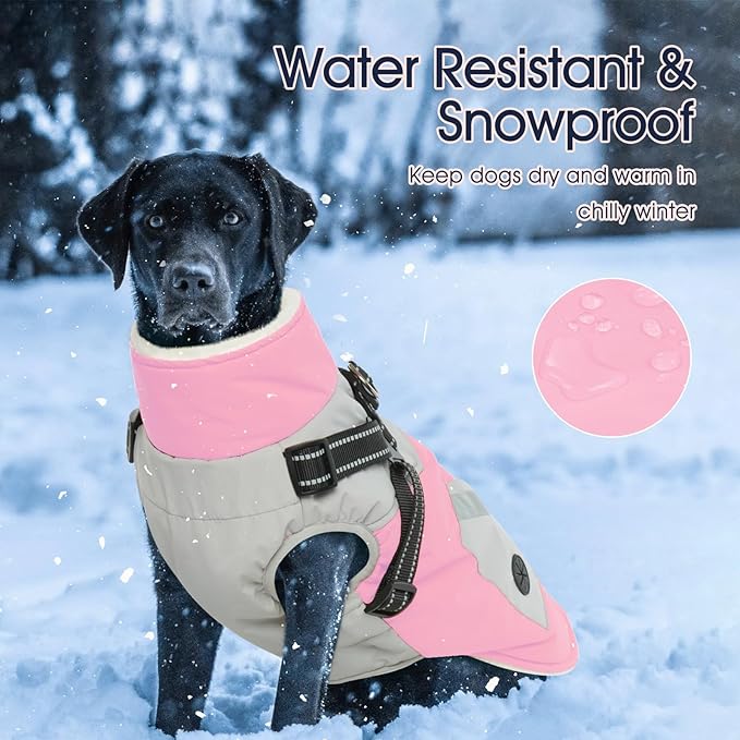 IECOii Dog Coat for Large Dogs Waterproof Dog Winter Jacket with Harness Built in, Pink - XXLarge, Thermal Warm Fleece Lined, Reflective Dogs Jackets for Cold Weather Camping, Hiking, Pitbull