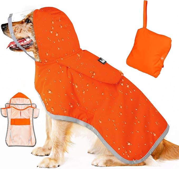 SlowTon Dog Raincoat, Adjustable Dog Rain Jacket Clear Hooded Double Layer, Waterproof Poncho with Reflective Strip Straps and Storage Pocket for Small Medium Large Dogs Puppies(OR XXL)