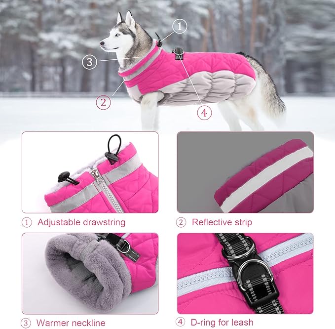 Lelepet Dog Coat Warm Dog Winter Coat Waterproof Dogs Jacket with Harness Built in Reflective Pet Fleece Vest Zip-Up Cold Weather Coats for Medium Dogs Turtleneck & Windproof Coats Dachshund Rose Red