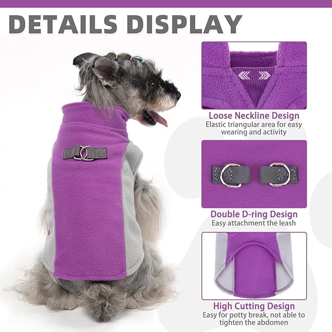 KOOLTAIL Dog Sweater - Dog Fleece Vest Jacket with Leash D-Ring for Small Medium Large Dogs, Soft Pullover Winter Warm Cold Weather Coats, Pet Fall Clothes Outfit for Puppy Cat Boys&Girls, Purple XL