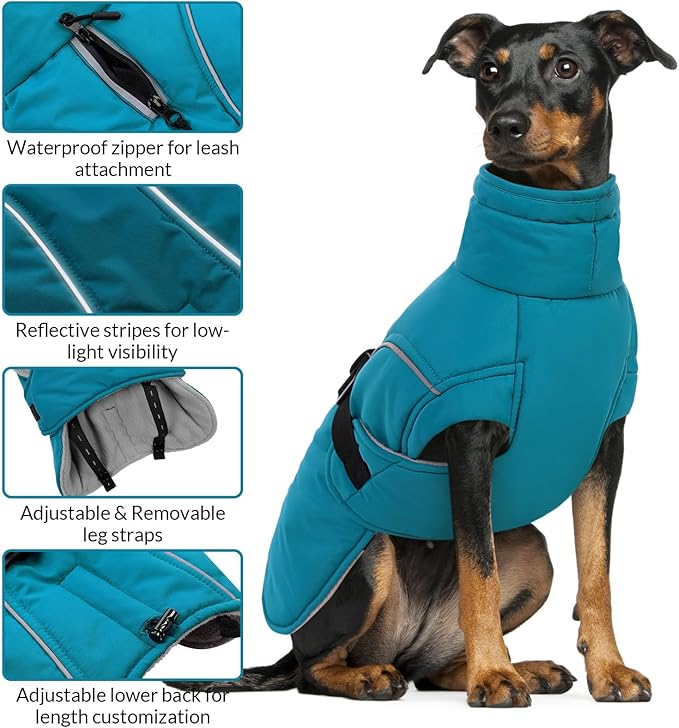 Queenmore XXL Dog Coat, Winter Jacket for Large Dogs, Waterproof Puffy Snowsuit, Adjustable Reflective Fleece Lining Warm Padding Parka for Cold Weather, Blue 2XL