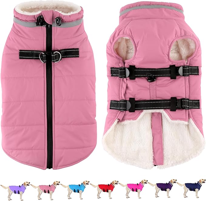 Dogcheer Dog Coat with Harness, Waterproof Dog Jacket Adjustable Winter Coat with Zipper, Christmas Puppy Snow Jacket Fleece Sweater for Small Medium Large Dogs - Light Pink 2XL