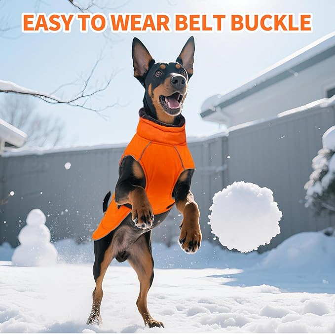 DENTRUN Large Dog Coat - Thick Fleece Lined Reflective Winter Jacket, Snap Closure & Leash Hole, Warm Thick Fleece Lined, Plush Turtleneck Vest for German Shepherd, Orange, XXL