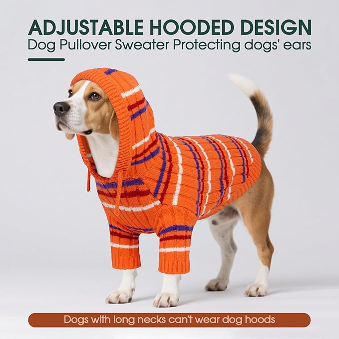 Kuoser XL Dog Sweater, Dog Sweaters for Large Dogs, Girl Boy Christmas Sweater, Striped Knitwear Big Dogs Winter Clothes, Cold Weather Warm Pet Sweatshirt for Golden Retriever, Labrador, Orange XL