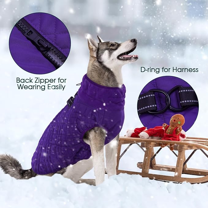 Kuoser Medium Dog Coat | All-Breed Thermal Wear with Windproof Layer | Reflective Tabs Enhance Visibility in Snow, Snap Buckles Simplify Dressing, Purple L