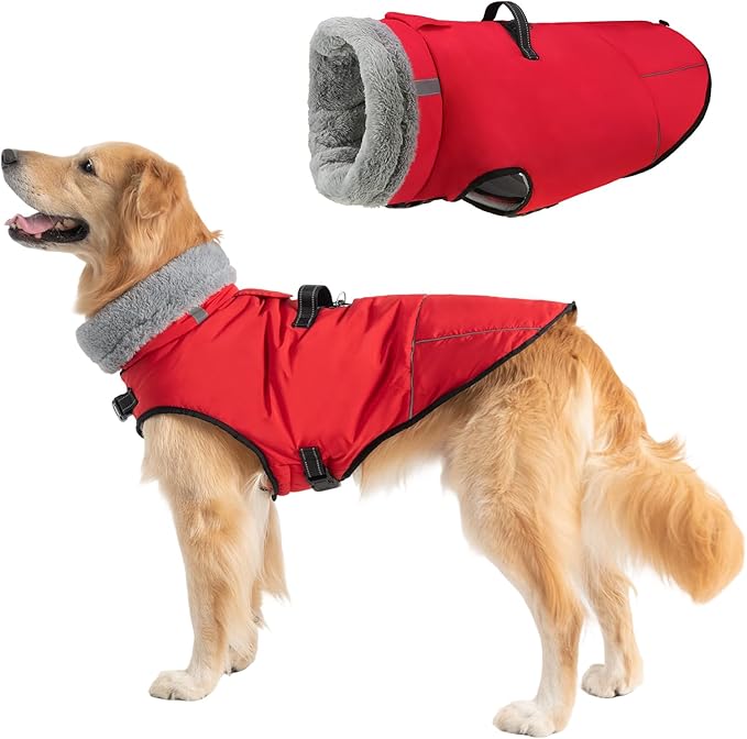 Mihachi Dog Coat for Large Dogs, Warm Dog Winter Coat Waterproof Dogs Jacket with Harness Built in Reflective Pet Fleece Vest, Puppy Cold Weather Coats Turtleneck & Windproof Pet Snowsuit, Red XXL