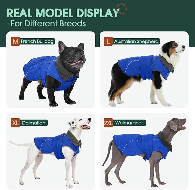 Kuoser Dog Coat, Extra Warm Dog Jacket Windproof Dogs Cold Weather Coats for Medium Dogs, Fleece Lining Turtleneck Puppy Snowsuit Reflective Adjustable Pet Winter Clothes Christmas, Blue M