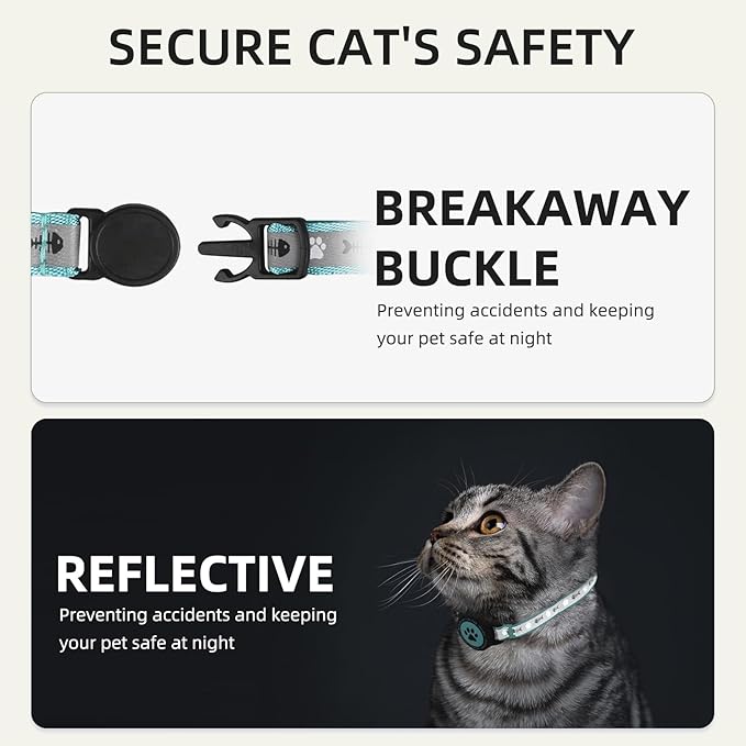 Waterproof Airtag Cat Collar, Reflective Cat Airtag Collar with Bell, Breakaway Cat Collar AirTag Holder, Lightweight Kitten Collar for Apple Air tag, Cat GPS Collars for Girl Boy Cats, Kitten (Teal)