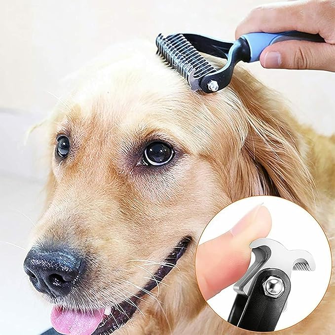 Double Sided Pet Dematting Comb - Effortless Detangling and Deshedding Tool for Dogs Cats, Tangle-Free Grooming with Blue Handle