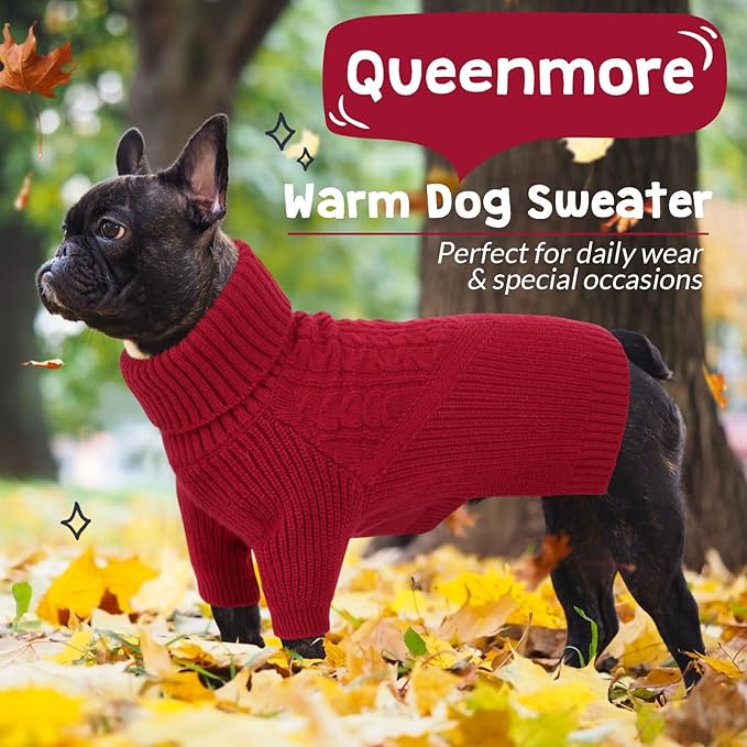 Queenmore Dog Sweater, Puppy Sweater for Small Dogs,Warm Winter Fall Dog Sweaters for Dog Girls Boys, Solid Turtleneck Knit Sweater for Large Medium Dogs,Long Sleeves Christmas Dog Sweater Red,S